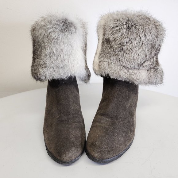 Aquatalia Womens 8 Genuine Fur Taupe Suede Fold Over Wedge Heel Back Zip Boots - Picture 9 of 15